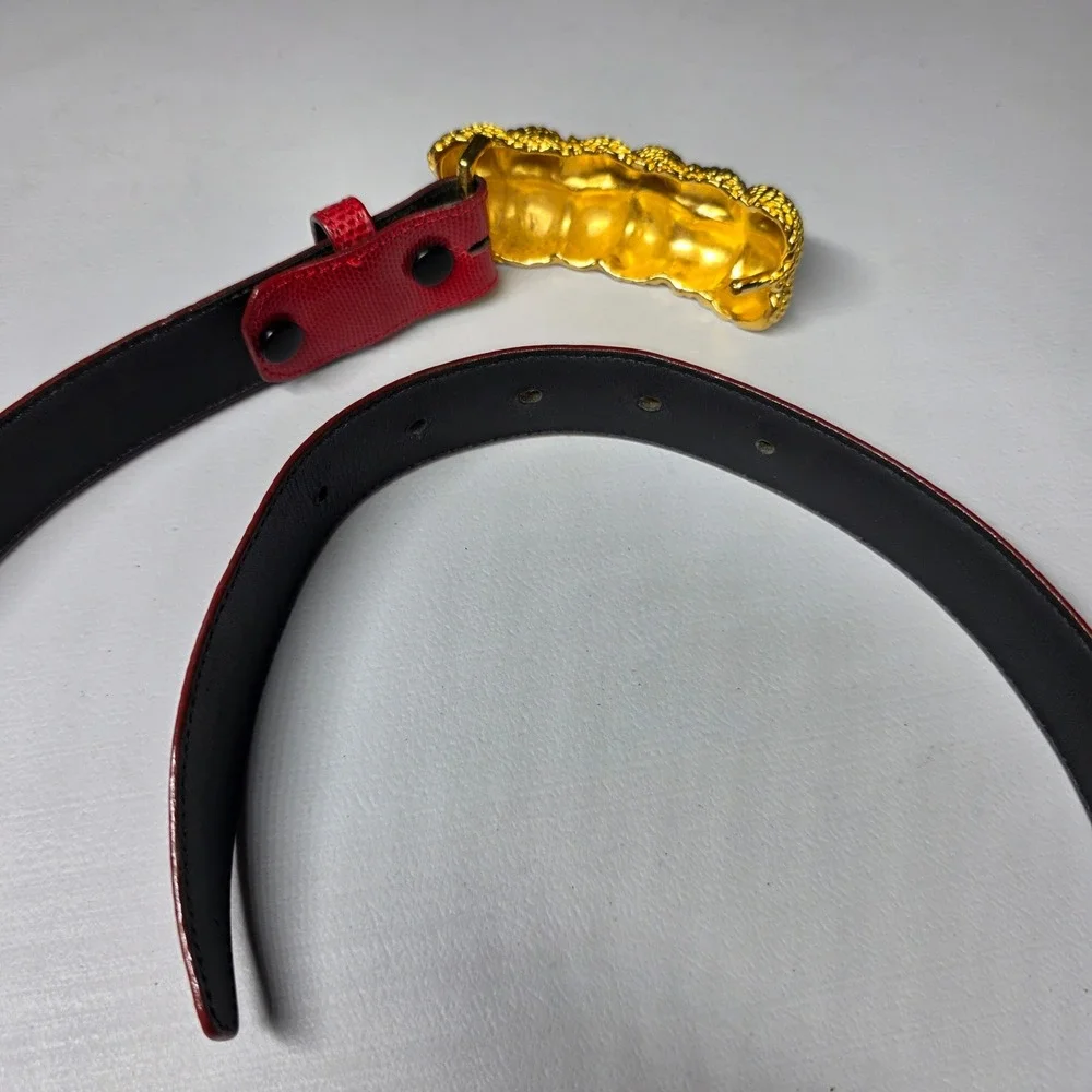 Kleinberg Sherrill Red Lizard Embossed Leather Belt Gold Braided Rope Buckle 32